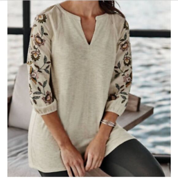 J Jill Floral Shirt Embroidered 3/4 Sleeves Tunic Boho Top Oatmeal Tan Large - Picture 1 of 13